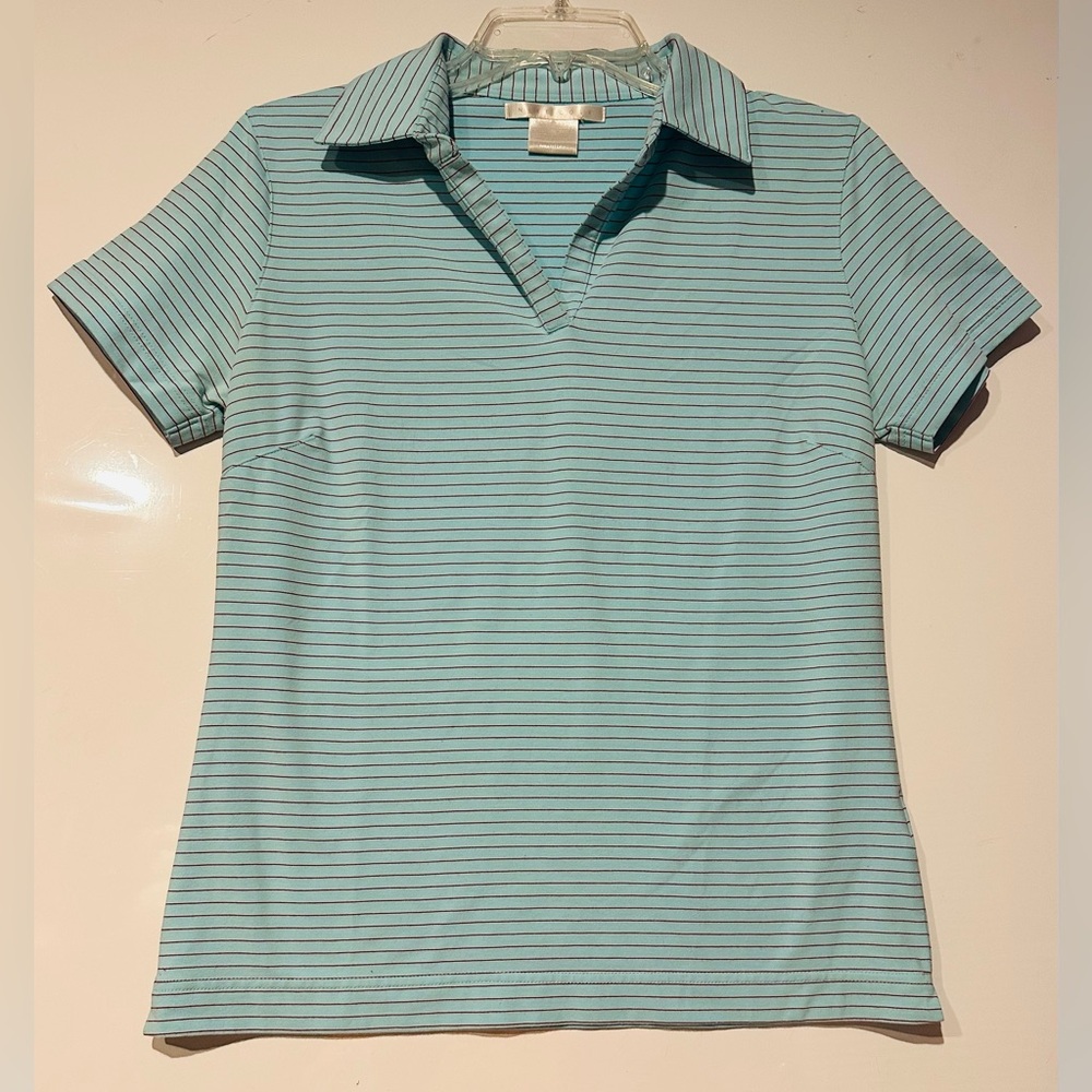 Nike Golf Polo Shirt Women's Aqua Stripes FIT DRY Short Sleeve Cotton Blend Med